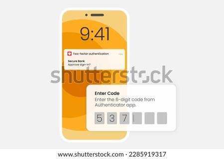 Flat design vector image of a smartphone displaying a 2-factor authenticator app with a 6-digit code for secure sign-in. Modern Mobile Phone User Interface Design Template.