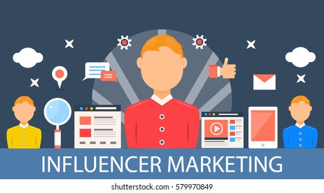 Flat design vector of influencer marketing, spreading content through social networks and websites that influence purchase decision
