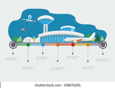 Flat Design Vector Info Graphic Illustration  With Airport And Time Line