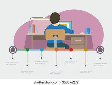 Flat design vector info graphic illustration  with working human on desktop  in office.