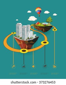 Flat design vector info graphic illustration  with urban landscape and camp. 