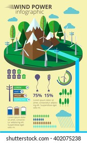 Flat design vector info graphic. Wind farm in green fields among trees. Ecology environmental background for presentations, websites, infographics. Eps10 vector illustration.