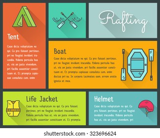 Flat design vector infographics of kayaking, canoe equipment with text and icons, emblems. Cute style for web, mobile app, long shadow. Outdoor adventure and travel theme. Illustration