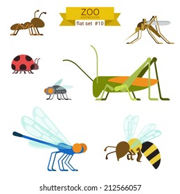 Flat Design Vector Insects And Ants Icon Set. Ant, Mosquito, Ladybug, Fly, Grasshopper, Locust, Dragonfly, Wasp. Flat Zoo Children Cartoon Collection.