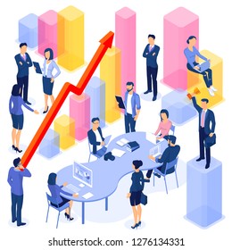 Flaches Design Vektor internationales Business-Team arbeitet isometrische Konzept-Workflow-Management-Anleger wachsen Geld abstrakt.