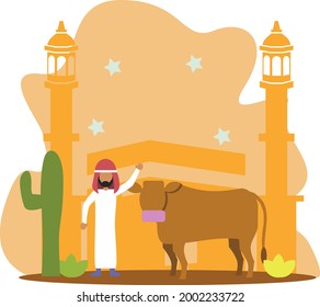 Flat Design Vector Islamic Idul Adha Arabian Man with Cow for Qurban Perfect for Social Media adds Illustration And Muslim Content Book