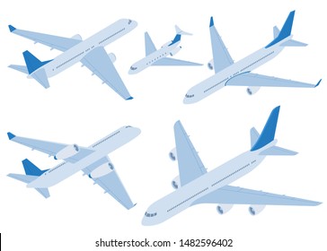 Flat Design Vector Isometric Airplanes Set. Private Jet. Passenger Airplane, Private Jet And Airline Plane. Transportation And Aircraft Icons And Design Element Set.