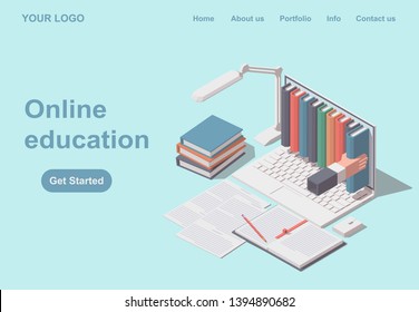 Flat design vector isometric concept of Online Education for website or mobile website. Landing page template.