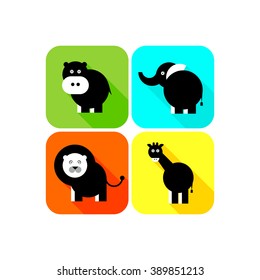 Flat design vector jungle animals icon set.Vector illustration of cute animal set including  giraffe, elephant,  hippopotamus, lion