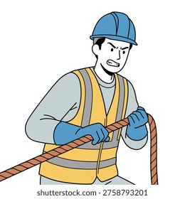 Flat design vector of a laborer exerting effort to pull a heavy rope, teamwork and manual strength concept.