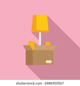 Flat design vector of a lamp emerging from an open cardboard box on pink background