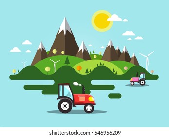 Flat Design Vector Landscape with Tractor on Field, Mountains and Hills. Ecology Farm. Nature Scene.