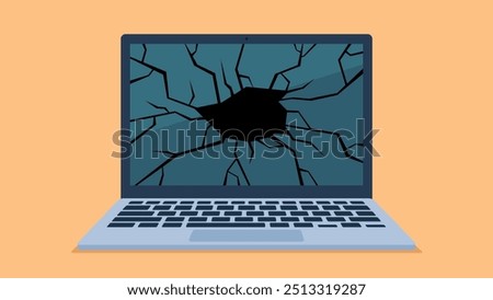 Flat design vector. Laptop with a broken screen. The laptop screen shows a black hole and a cracked screen matrix. 