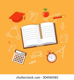 Flat design vector learning icons  and hand drawn symbols on yellow background. EPS 10
