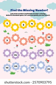 Flat design vector of learning sequential numbers from 1 to 25 activity printable worksheet for fun education. Perfect for elementary school kids.