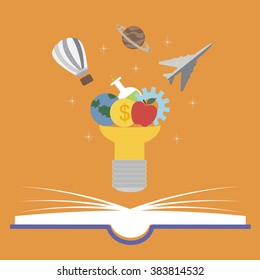  Flat design vector. Light bulb with gears inside floating over book bursting with new ideas. Education concept