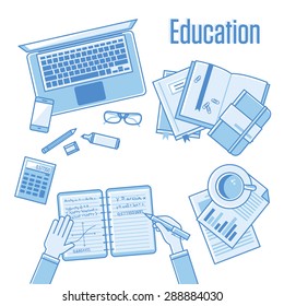 Flat design vector linear illustration concepts of education and online learning. Top view. Concepts with hands, computer, phone, book, calculator, notebooks, markers, documents etc. Blue color