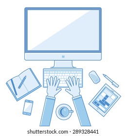 Flat design vector linear illustration concepts workplace of education, online learning, work. Top view. Concepts for web banners and printed materials with place for text. Blue color