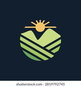 Flat design vector logo farmfield with sunrise on the dark background. Vector illustration
