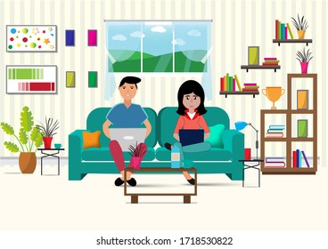 Flat design vector of man and woman doing work at the laptop computer in home.They are sitting on sofa behind computer with picture.work from home,Freelance,Vector Graphic and workplace concept.