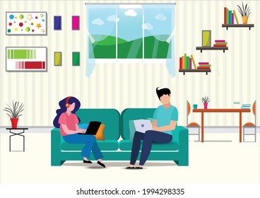 Flat design vector of man and woman doing work at the laptop computer in home.They are sitting on sofa behind computer with picture.work from home,Freelance,Vector Graphic and workplace concept.