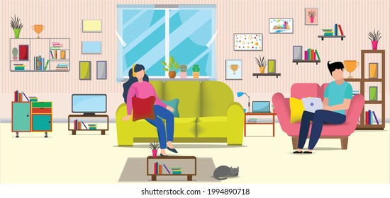 Flat design vector of man and woman doing work at the laptop computer in home.They are sitting on sofa behind computer with picture.work from home,Freelance,Vector Graphic and workplace concept.