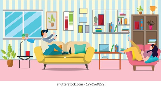 Flat design vector of man and woman in home.They are listening to music.work from home,Freelance,happ,office.Vector Graphic and workplace concept.