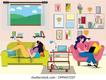 Flat design vector of man and woman doing work at the laptop computer in home.They are sitting on sofa behind computer with picture.work from home,Freelance,Vector Graphic and workplace concept.