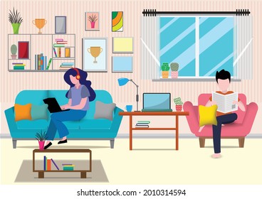 Flat design vector of man and woman doing work at the laptop computer in home.They are sitting on sofa behind computer with picture.work from home,Freelance,Vector Graphic and workplace concept.