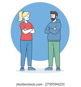 Flat design vector of a man and woman standing face-to-face with arms folded against a blue circular backdrop. Minimalist character design with soft pastel colors and clean lines.