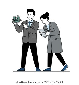 Flat design vector of a man and woman in professional attire looking sadly at a cracked green circuit board with smoke.