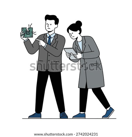 Flat design vector of a man and woman in professional attire looking sadly at a cracked green circuit board with smoke.