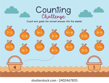 flat design vector math number counting worksheet education printable for kids activity
