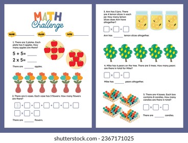 flat design vector mathematics challenge counting learning printable worksheet for kids activity