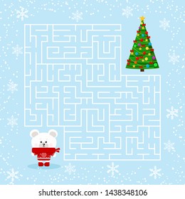 Flat design vector maze game for playing children with a labyrinth. Cartoon little cute polar bear and decorated christmas tree on snow blue background. White bear finding christmas tree with balls. 