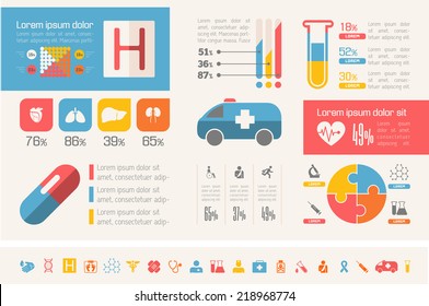 
Flat design vector medical infographic. Infographic template for medical presentation design. Infographic Includes vector elements: diagrams, charts, bars, medical icon set, infographic metaphors.