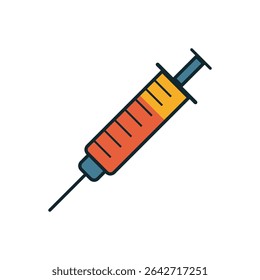 Vector plano del diseño de la jeringuilla médica con el barril rojo y amarillo y la aguja fina en el fondo blanco