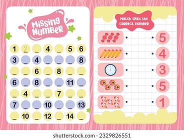 flat design vector missing number match number printable for kids activity