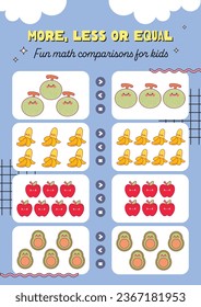flat design vector more less or equal printable worksheet for kids activity