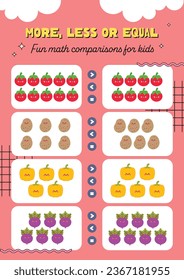 flat design vector more less or equal printable worksheet for kids activity