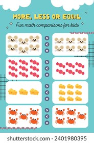 flat design vector more less equal worksheet printable for kids education