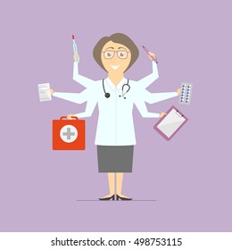 Flat design vector. Multitasking woman doctor.