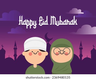 ilustración de la celebración de eid mubarak ramadan, vector de diseño plano, niños musulmanes 