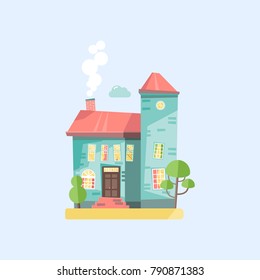 Flat design vector nature cartoon landscape illustration with colorful cottage house, trees, smoke and cloud. 
