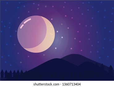 Flat design vector nature illustration with trees, hills, mountains, moon and stars. Night landscape. - Vector