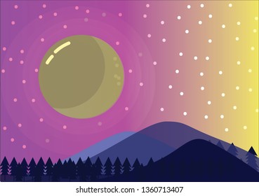 Flat design vector nature illustration with trees, hills, mountains, moon and stars. Night landscape. - Vector