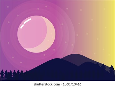 Flat design vector nature illustration with trees, hills, mountains, moon and stars. Night landscape. - Vector