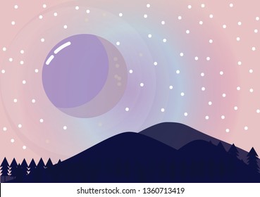 Flat design vector nature illustration with trees, hills, mountains, moon and stars. Night landscape. - Vector