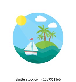 Flat design vector nature landscape illustration with tropical island, sun, palms, sailing boat. Summer vacation, travel, perfect holidays concept