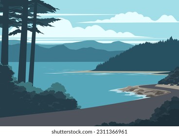 Flat design vector nature landscape with road at lake